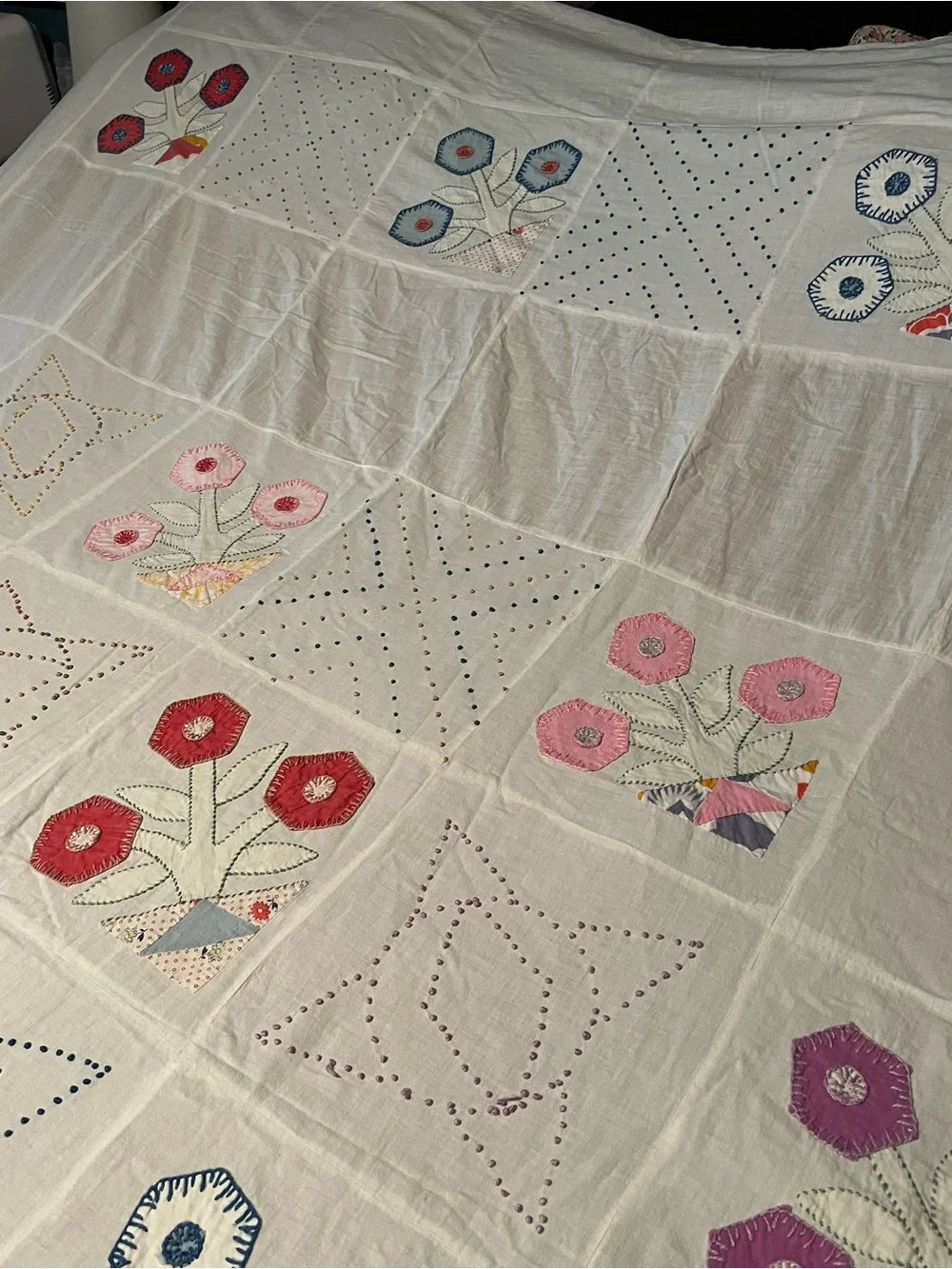 Vintage Hand Appliquéd Embroidered Flower Basket Bedspread/Coverlet 100” x 88”
